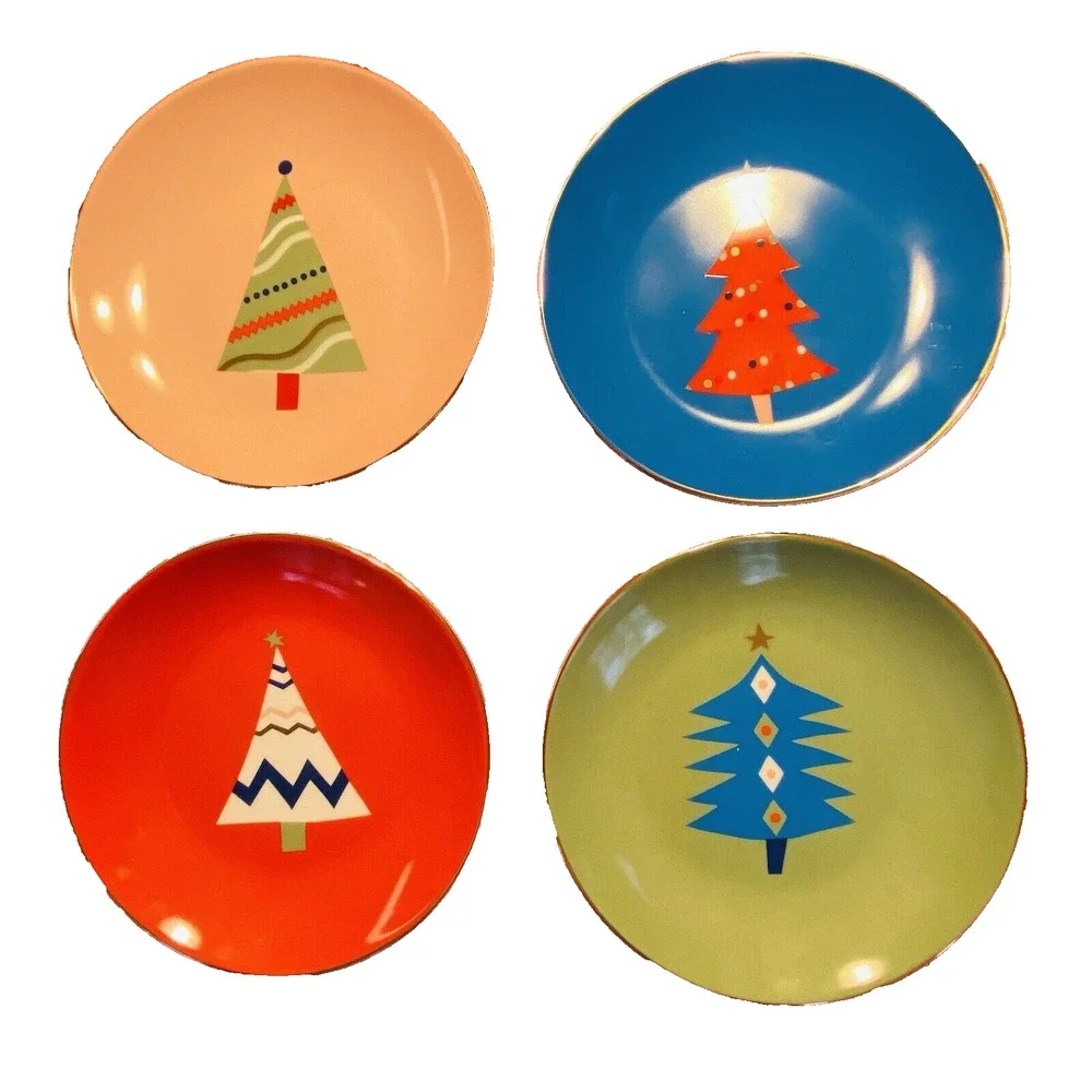 Rare PIER 1 Christmas Tree Plate Set (4) Colorful Holiday Appetizer Canape 6”